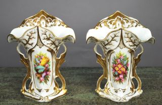 beautiful pair of 19th C. hand painted vieux paris vases