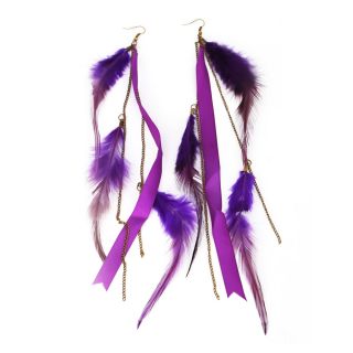  Feather Ribbon Long Chains Fringes Dangle Chandelier Earrings Purple