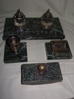  Victorian Marble Brass Desk Set Blotter Ink Well Match Holder Ashtray