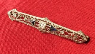 Art Deco 10K Gold Diamond Bar Pin Brooch filigree Estate jewelry