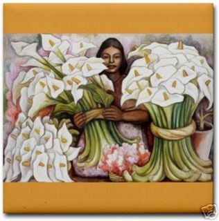 Diego Rivera Ceramic Art Tile Young Woman w Cala Lilies