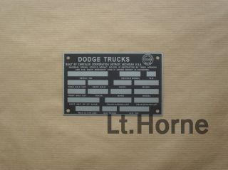 Dodge W100 W200 W300 W500 Power Wagon 1960 1961 1962 Data Plate ID Tag