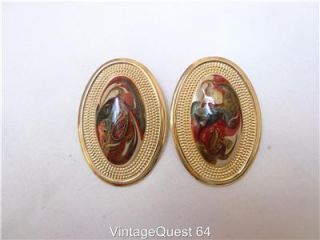 Vintage Multi Colored Diamond Dust Oval Clip on Earrings Gold Tone