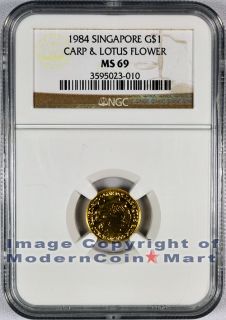 1984 Singapore 1 10 oz Gold $1 Carp Lotus Flower NGC MS69 SKU27077