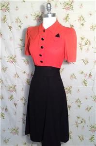 Vintage 1940s 40s coral and black rayon swing dress Doris Dodsonon
