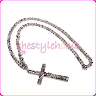 Silver Cross Christian Drum Key Chain Jesus Crucifix Necklace w/ long