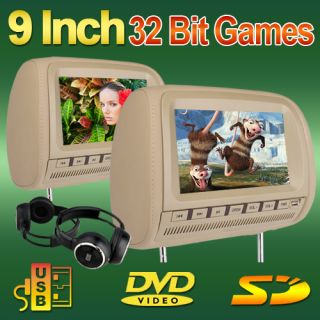 Beige Tan Dual 9 Headrests Car DVD Players Wide Screen Monitor IR