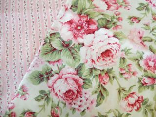 yard pink cabbe rose floral fabric on green measures 2 yards