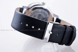 Men Double Face Black Leather Fashion Wrist Watch Black