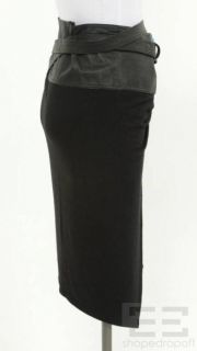 Donna Karan Black Leather & Wool Belted Draped Skirt Size Large