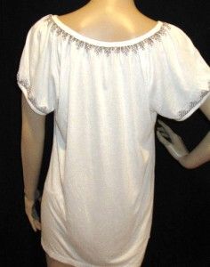 DKNYC $69 Designer White Knit Jersey Boho Embroidered Peasant Top