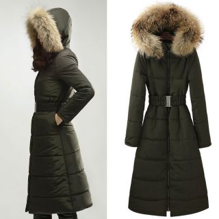 Womens Real Raccoon Fur Quilted Padded Zip Up Long Coat