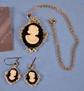 Cameo Necklace and Earrings with Silver Colored Trim Costume not High