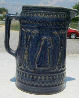 Antique Blue Salt Glazed Stoneware Spongeware Pitcher WOMAN WITH