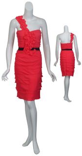  Red Tiered Chiffon One Shoulder Cocktail Party Dress 8 New