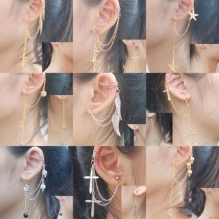 Ear Wrap Cuff Earrings Gold Tone Starfish Cross Wing Charm Chain Ball
