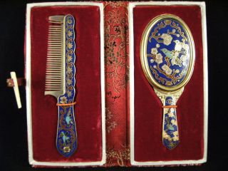 Vintage Oriental Japanese gold enamel Comb Mirror Set W/ box case