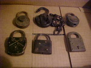  PADLOCK lot of 6 old locks crossed axes brass 1 with key ect dudley