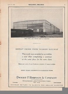 1926 Dwight P Robinson & Co Ad Wabash Railroad Car Repair Shop at