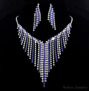 Necklace Earrings Set Rhinestone Crystal Clear Tassels Wedding Bridal