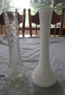 VINTAGE PAIR HOOSIER GLASS COMPANY MILK GLASS & CLEAR QUILTED DIAMOND