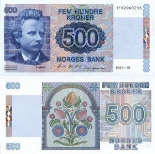 Norway 500 Kroner P 44A UNC Note Edvard Grieg 1991