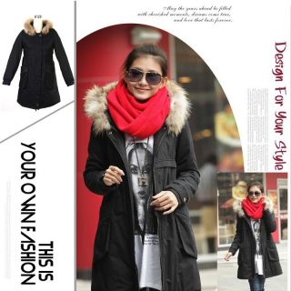 Womens Fashion Fur Collar Winter Coat Drawstring Hooded Trench Parka