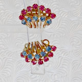 Vintage earrings clip on pink blue prong set rhinestones goldtone