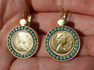 Vtg Elizabeth II 1984 Coin Gold Plated 24K Dangle Earrings with