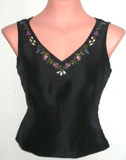 ANN TAYLOR 100 PURE SILK BLACK FLORAL EMBROIDERED TOP BLOUSE SHIRT EUC