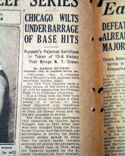 1932 New York Yankees World Series Babe Ruth Newspaper