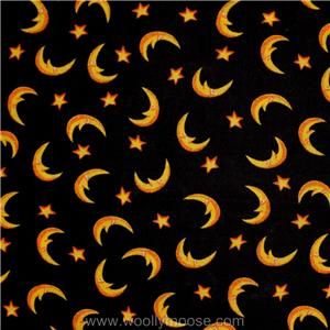 Halloween Crescent Moon Stars on Black Quilt Fabric