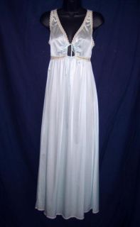 Vintage Miss Elaine Light Blue Nylon Long Nightgown ~ Ecru Lace Small
