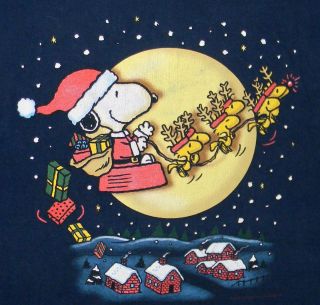 Snoopy in Sleigh with Woodstock Reindeer Christmas Peanuts Size L Blue