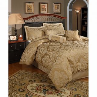 7pc Elegant Gold Damask Faux Silk Comforter Set Queen