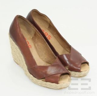  Michael Kors Brown Leather Peep Toe Espadrille Wedges Size 7M