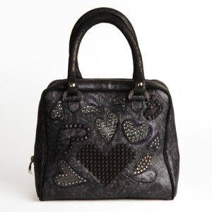 Kippys Maggie Pie Heart Overlay Leather Studded Satchel Handbag Dark
