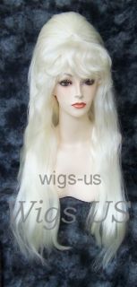 style long beehive elvira style color white blonde made with synthetic