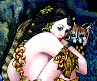 Art Nouveau Petite Mountain Cat Signed Oil