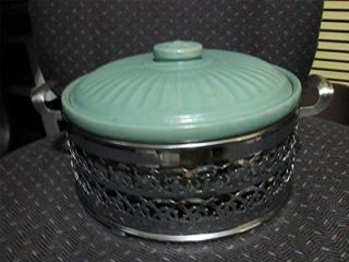  California Potteries Art Deco Blue Casserole with Pierced Stand Holder