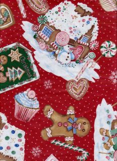 Christmas Vinyl Tablecloth Red Gingerbread Candy Cane Cookies Flannel