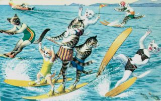 Eugen Hartung Artist Signed Mainzer Dressed Cats Water Skiing Vintage