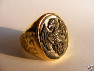 Black Jade Ring Heraldic Engraved Welsh Wyvern Gold 925