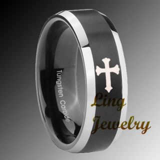 5MM Tungsten Two Tone Black Christian Cross Engraved Ring SZ 6