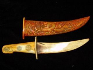 Eximious RARE Chinese Ox Bone Knife with Dragon Carved