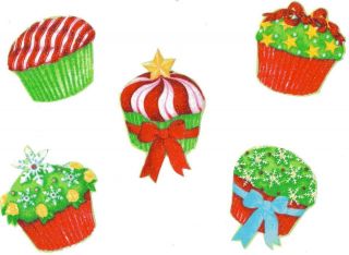 Fabric Iron on appliques: Xmas cupcakes in xmas colors,2 1/2  3 inches