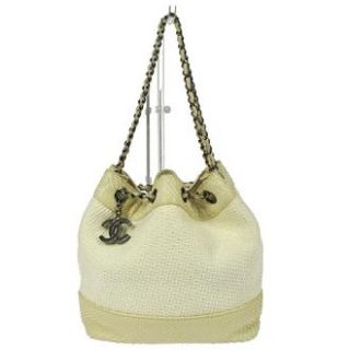 100 Authentic Chanel White Canvas Faux Snakeskin Drawstring Hand Bag
