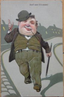 1908 Embossed Litho Postcard Fat Man w Bowler Hat Cane