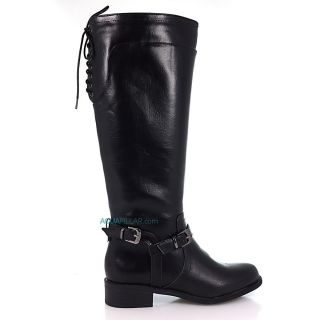 Boss Black F Leather Equestrian Riding Boots Belted Lace Back Women