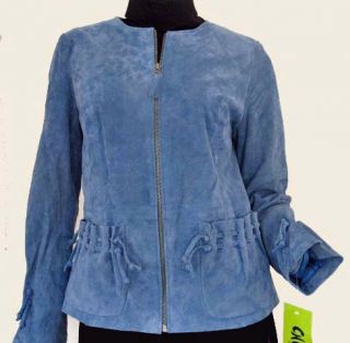 New Carlos Falchi Chi Blue Washable Suede Zipper Jacket Pockets s